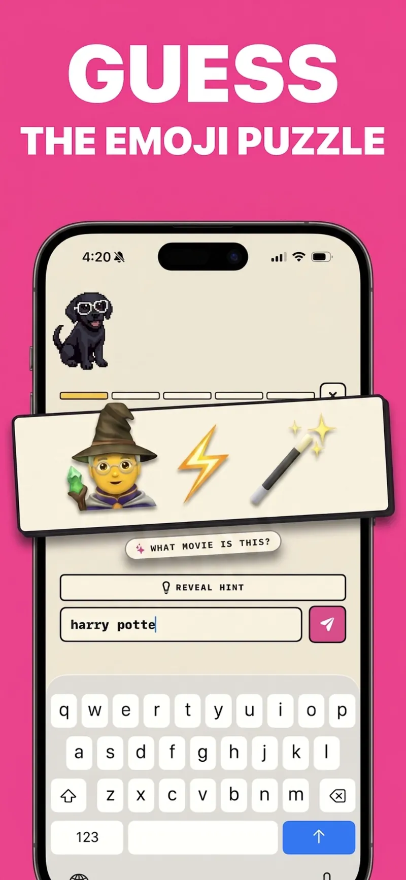 Guess the emoji puzzle in TimeToTrivia: a wizard, lightning bolt and magic wand emoji with the question 'What movie is this?' and 'harry potte' typed as the answer